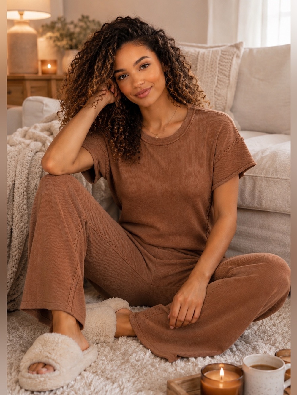 Zenana 2 Piece Knit Lounge Set- Deep Camel